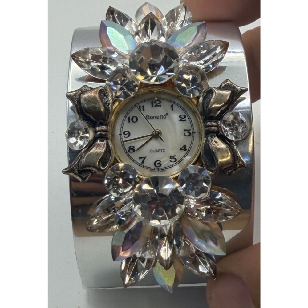 ✨💎 BONETTO Floral Rhinestone Watch Bangle Bracelet Silver Tone Clear Crystals